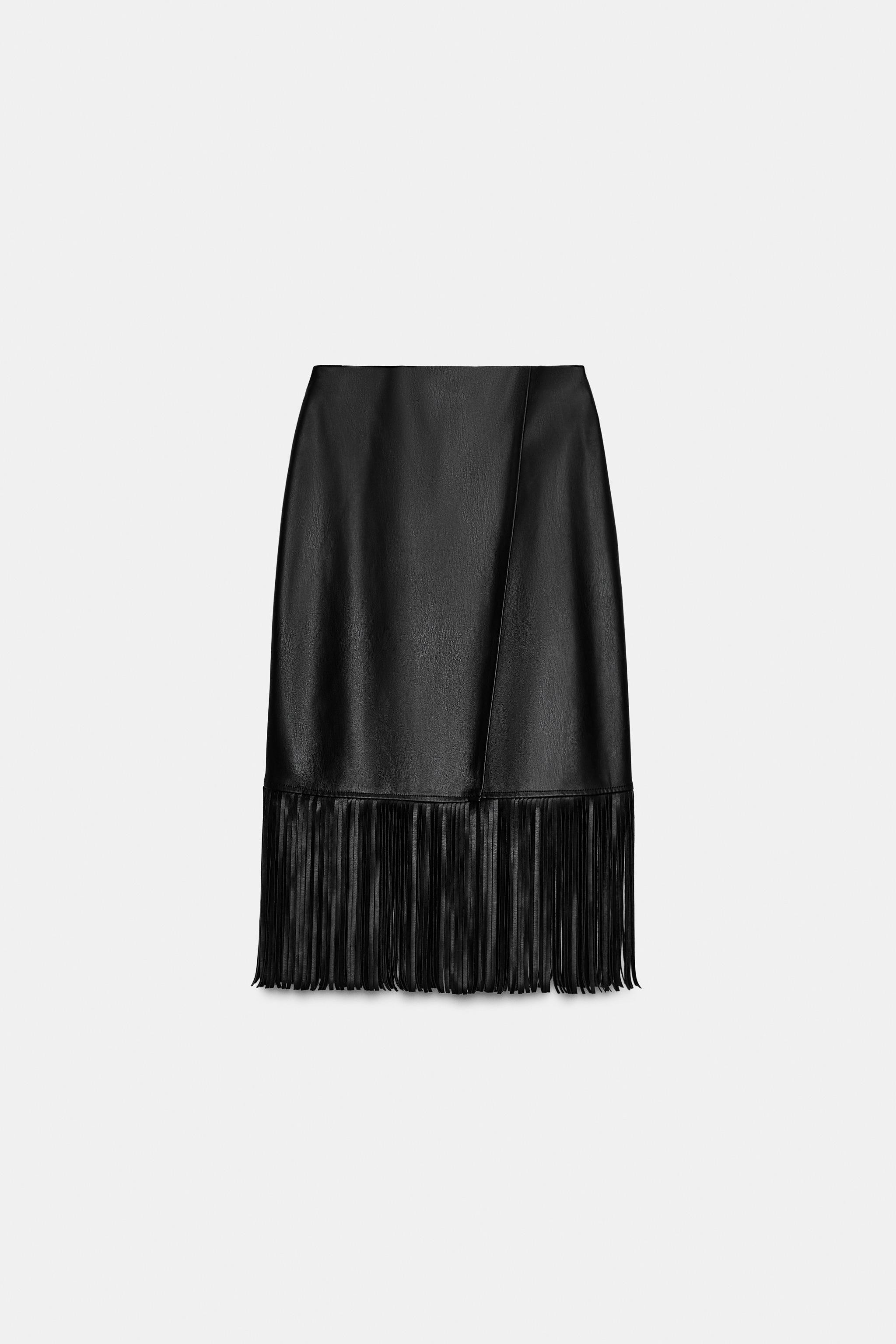FAUX LEATHER FRINGED MIDI SKIRT